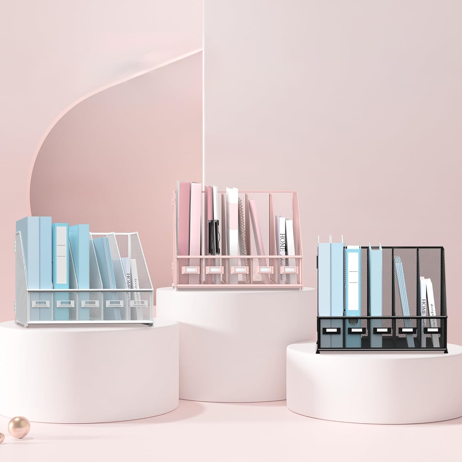 Organiseur de bureau en métal avec 5 compartiments verticaux pour bureau, rose