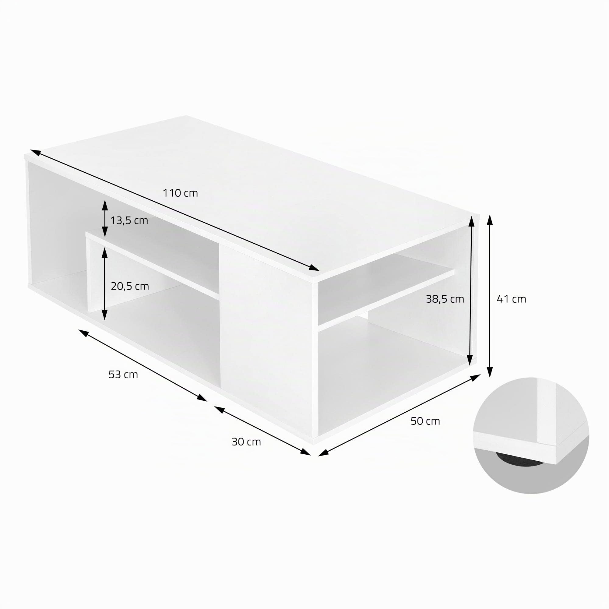 ML-Design Mesa de Centro Blanca 110x50x41 cm Aglomerado Revestido Mesita de Café Rectangular Moderna Mueble Auxiliar Versátil con 4 Estantes en 3 Niveles Mesa con Mucho Espacio de Almacenamiento