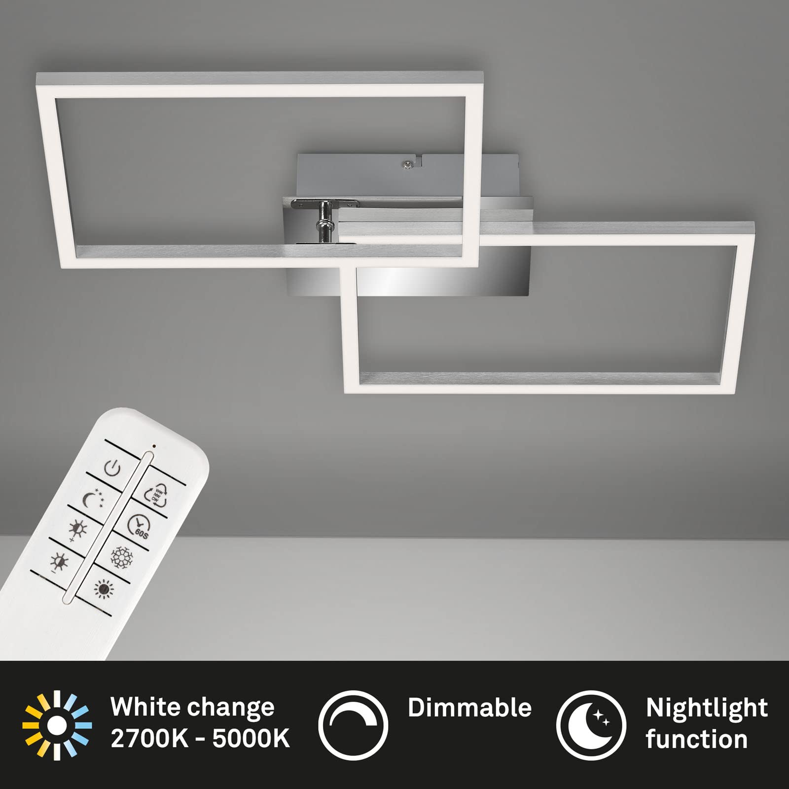 BRILONER - LED Deckenlampe mit Fernbedienung, dimmbar, einstellbar von warmweiß bis neutralweiß, LED Lampe, Deckenleuchte, Wohnzimmerlampe, Schlafzimmerlampe, Küchenlampe, 50x38,8x7,8 cm, Chrom-Alu