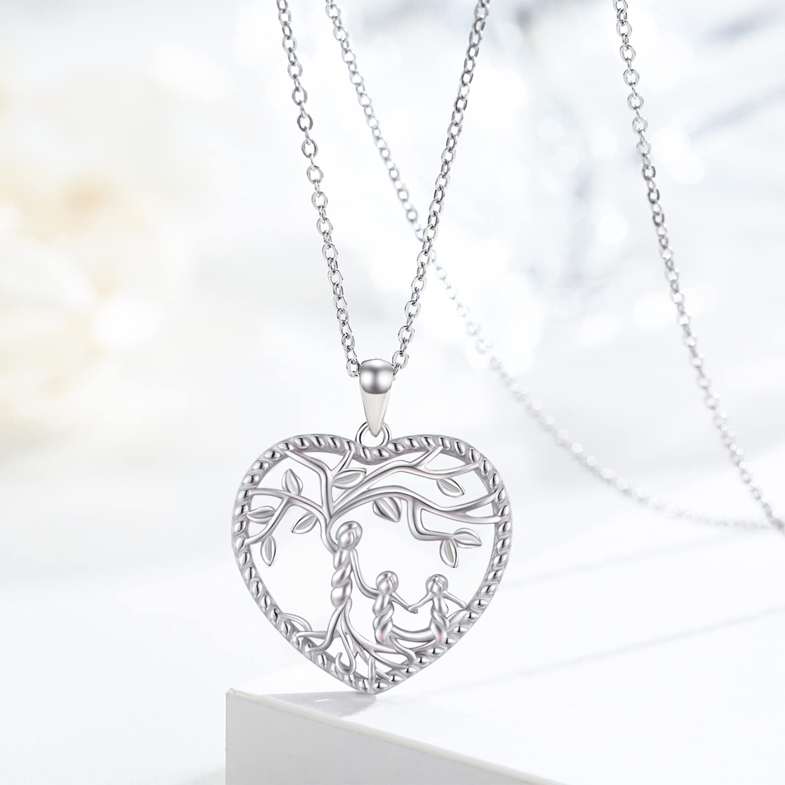 Damen Baum des Lebens Halskette 925 Sterling Silber Mutter Tochter/Sohn Lebensbaum Familie Herz Anhänger Schmuck Geschenke für Mama