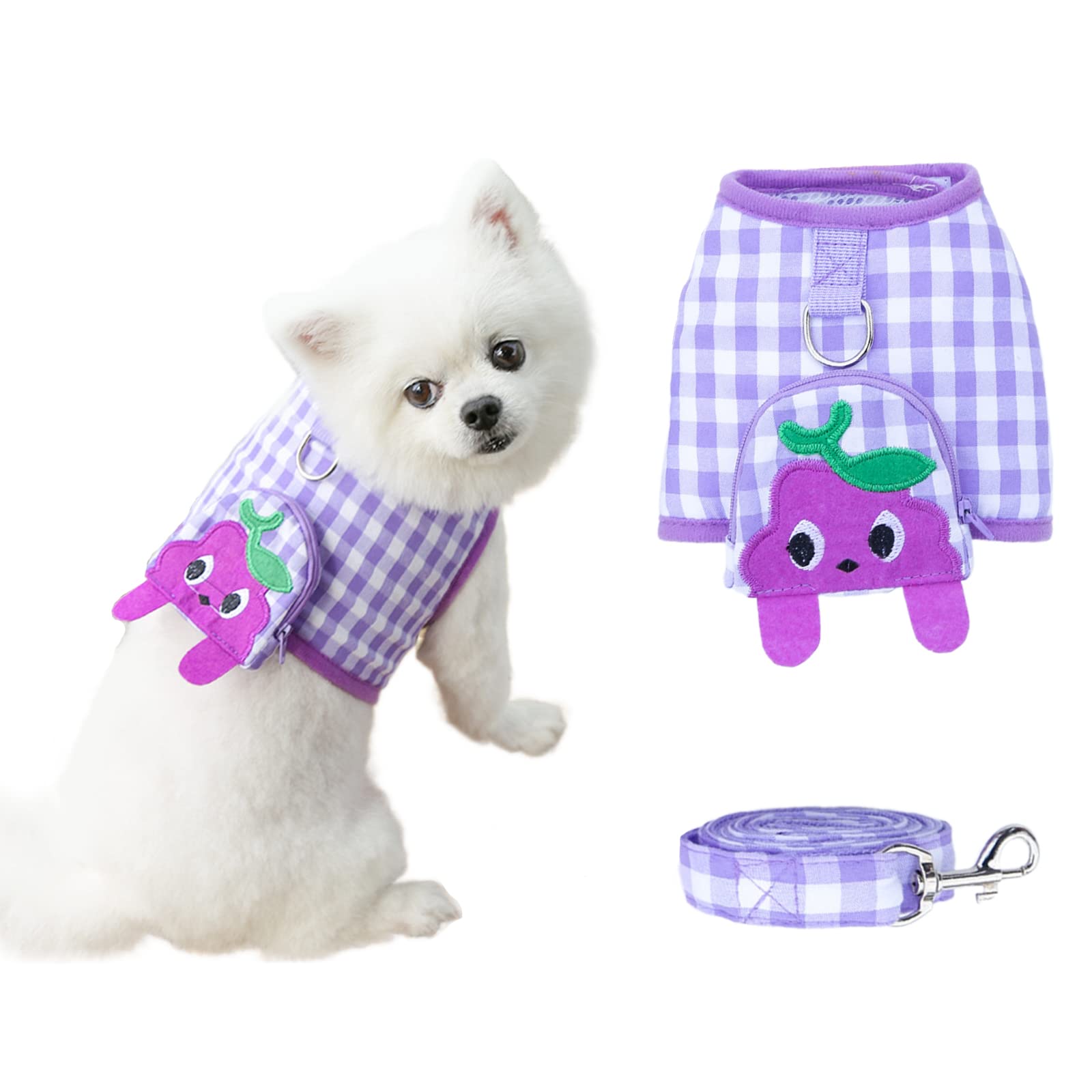 Photo 1 of 2 ABRRLO Plaid Puppy Harness and Leash Set for Small Dogs Adjustable No Pull Dog Harness with Handle and Cute Pockets for Yorkshire Chihuahua Maltese Easy Walk Pet Cat Vest Harness Leads (Purple,L) Large Purple