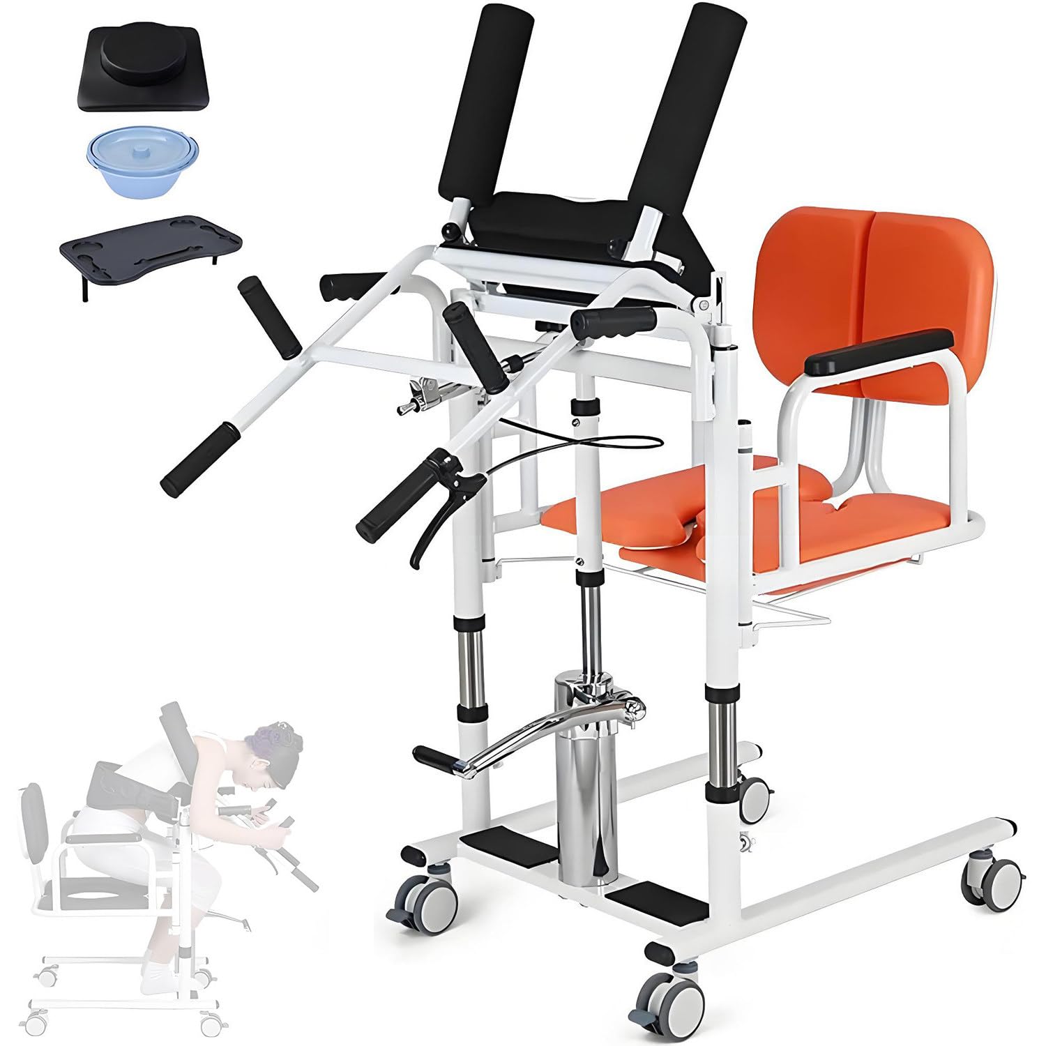 Silla de Transferencia hidráulica para Pacientes con Elevador de Altura Ajustable, Elevador de bipedestación con Respaldo Alto y Asiento Suaves, Silla de Ruedas elevadora Orange