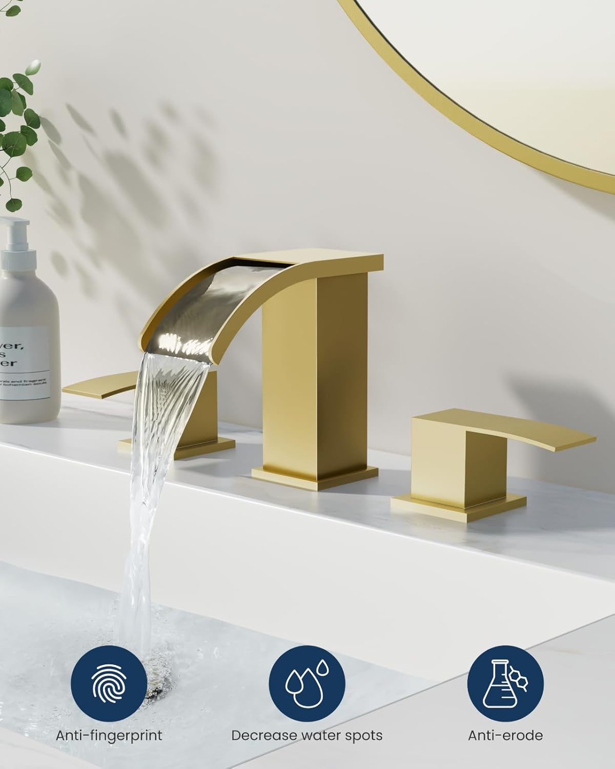 gotonovo Waterfall 8 inch Widespread Bathroom Faucet Set Bathroom Sink Faucet 3 Hole 2 Handle Vanity Lavatory Deck Mount with Pop Up Drain and Water Supply Lines Square Body Brushed Gold - Image 2