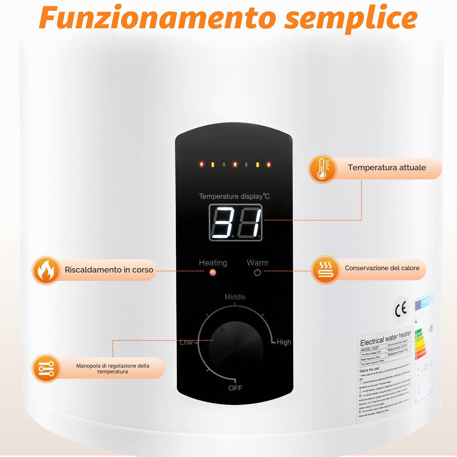 Set di scaldacqua elettrico da 60 l, 220 V, serbatoio elettrico, scaldabagno elettrico con doccetta e tubo, scaldabagno elettrico, 25 – 75 °C, IPX4 (60 L)