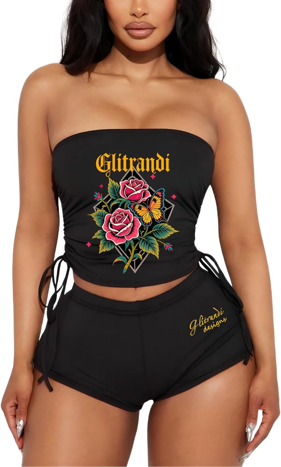 Glitrandi Two Piece Sets For Women Fashion Print Drawstring Tube Top With Shorts Summer Sexy Outfits 2025