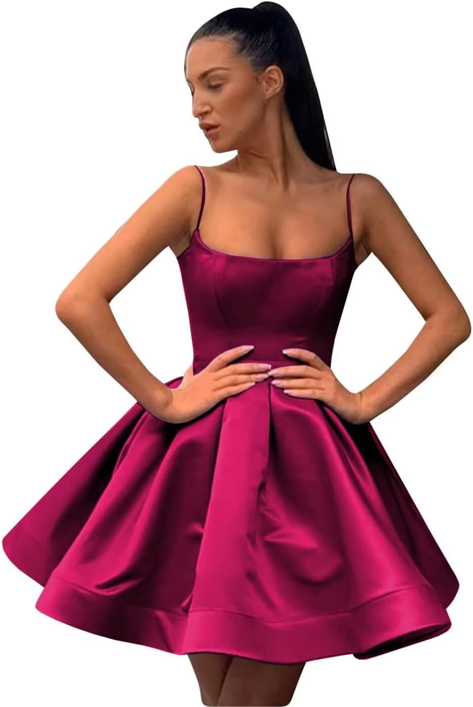 A-line Satin Homecoming Dress Spaghetti Straps for Women, Short Square Neck Cocktail Dress Sleeveless Prom Dress