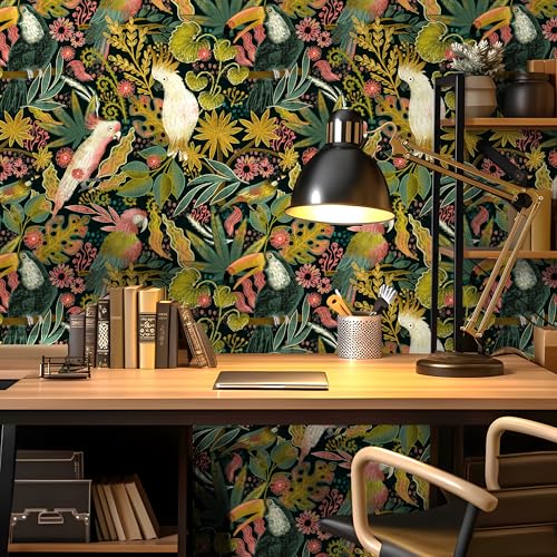 Green Tropical Jungle Peel and Stick Wallpaper, Bird/Leaf/Forest Waterproof Renter Friendly Contact Paper for Cabinet, Drawer, Removable Self Adhesive Wall Decor for Bathroom and Kitchen, 17.5” x118”