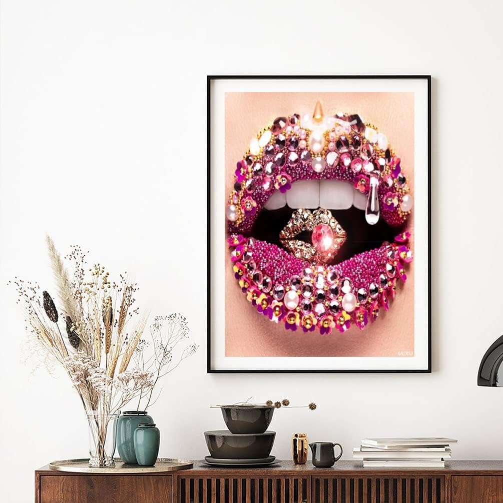 QAZWSX Woman Lips with Diamond 5D Diamond Painting Kits Full Drill Round Diamond Art Paint by Number Kits for Christmas New Year Valentine's Day Decor Gift 12x16 inch