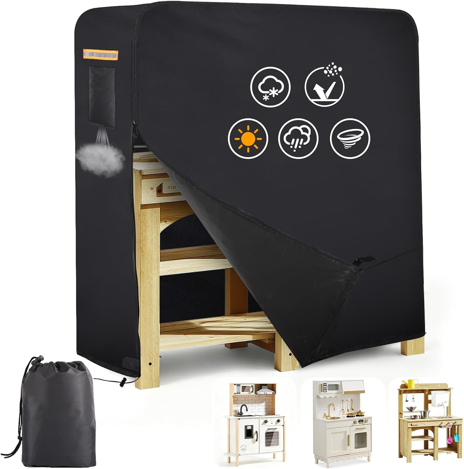 Play Kitchen Cover for Step2 Kids Play Set,Upgraded 420D Mud Kitchen Cover with Waterproof Strip,2 Reflective Handles & Air Vent,Universal Toy Tarp for Toddler Kitchen Playset,All Season Weatherproof