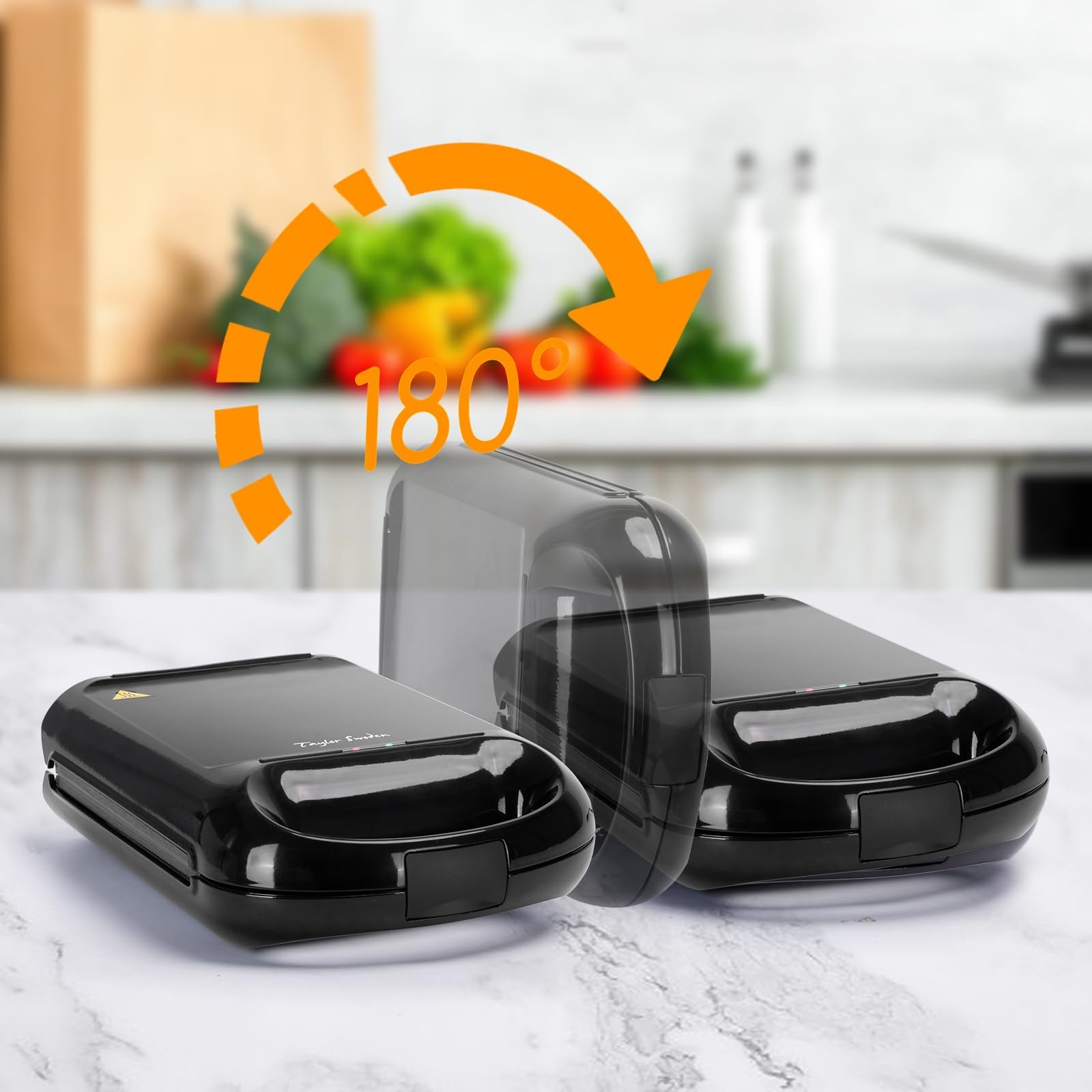 Taylor Swoden Bruno - 3 en 1 : appareil à sandwich, gaufrier, gril. 1200W, 0% BPA. Peut contenir 4 sandwichs, plaques antiadhésives, retournement à 180° pour une cuisson rapide et uniforme.