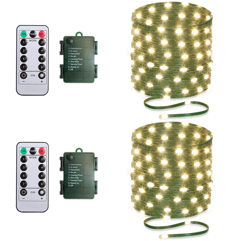 KepStars 33ft Battery Operated String Lights (2 Pack), 100 LED Fairy String Lights Battery Powered w/Remote & Timer for Indoor Outdoor Christmas Trees Wreath Decoration Bedroom Patio - Warm White