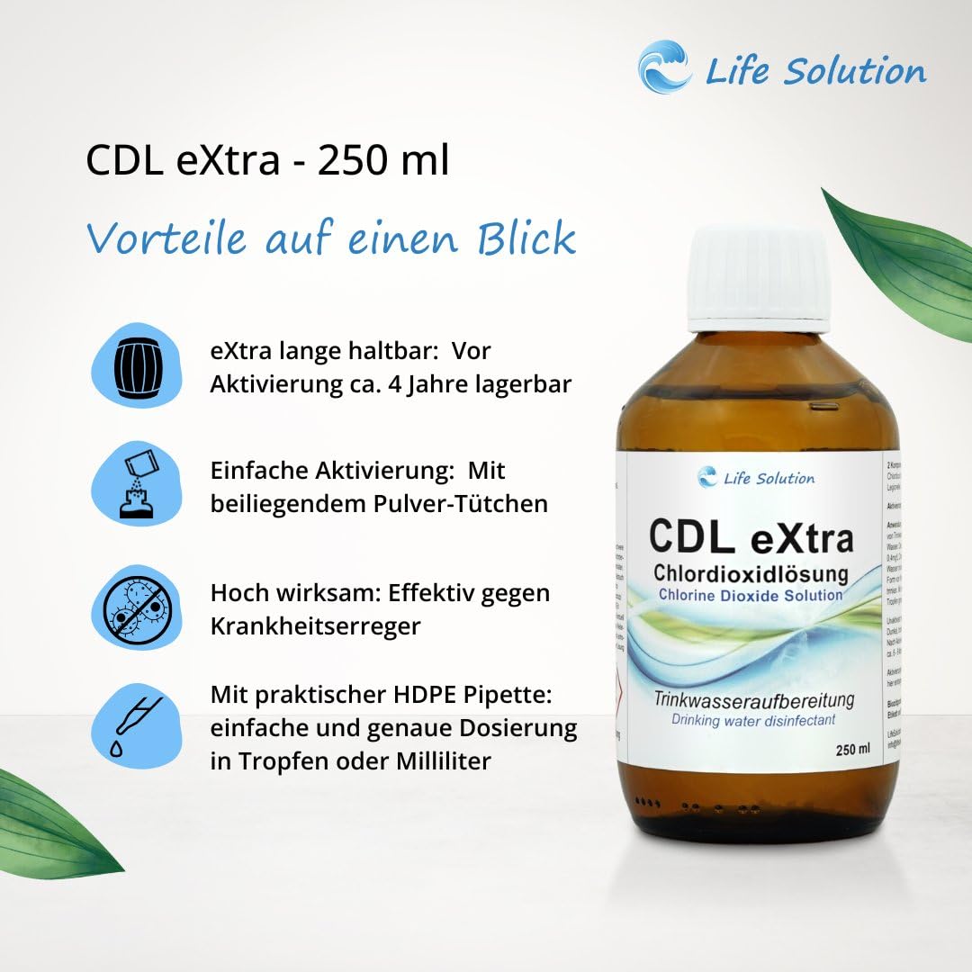 CDL eXtra - Chlordioxid Lösung 0,3% - CDs - extra Lange Haltbarkeit (3-4 Jahre) - Trinkwasserdesinfektion - Wasseraufbereitung - 250 ml