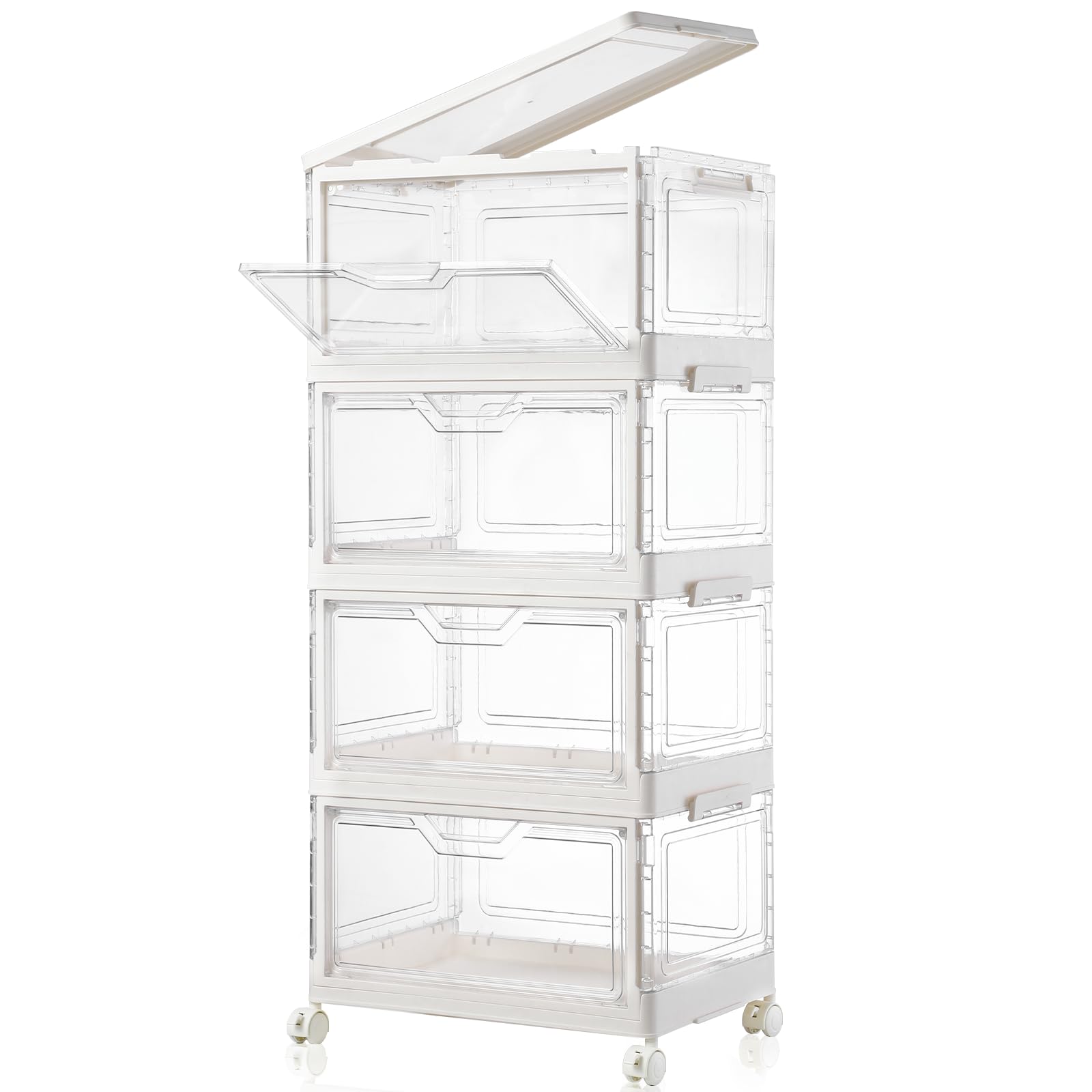 Collapsible Plastic Storage Bins with WheelsClear Stackable Storage Bins with Lids Stackable Storage Bins with Open Door Folding Storage Bins Organizer for Closet Bedroom Living Room