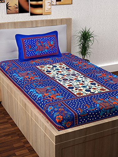 Image of Story@Home 120 Thread Count Rajasthani Block Print Single Bed Size Ethnic Traditional Bedsheet with one Pillow Cover, Navy Blue and White