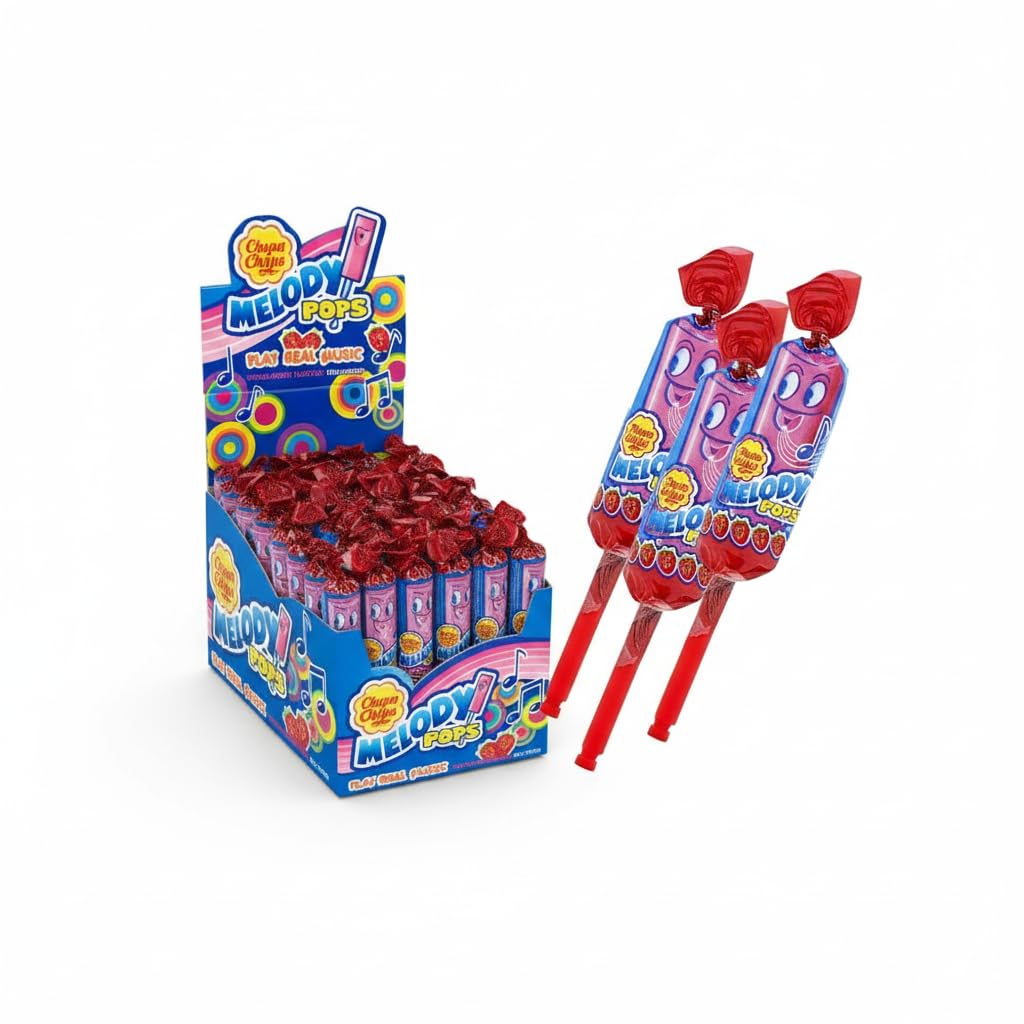 Melody Pops Sabor Fresa – Estuche de 48 Piruletas | Caramelos con palo | Musicales Divertidas con Silbato para Niños y Adultos, Caramelos Individuos Dulces para Fiestas, Regalos y Eventos