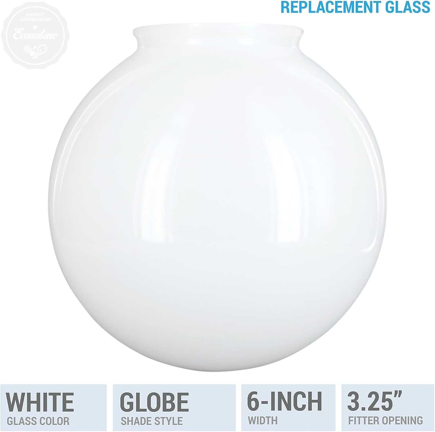 KOR K21815 – 6-Inch White Glass Globe Lamp Shade with 3.25-Inch Fitter Opening – Replacement for Compatible Lighting Fixtures