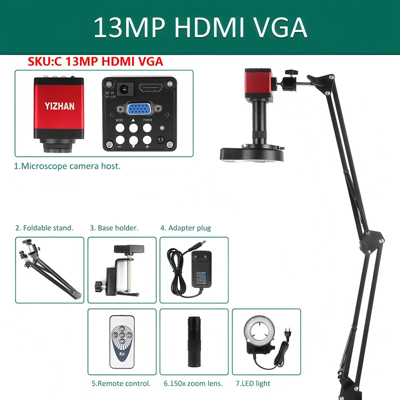 4K Microscope 48MP Digital Microscope For Electronics USB Industrial Cameras HDMI 1-150X Zoom C-Mount Lens Phone Pcb Soldering（C 13MP HDMI VGA）