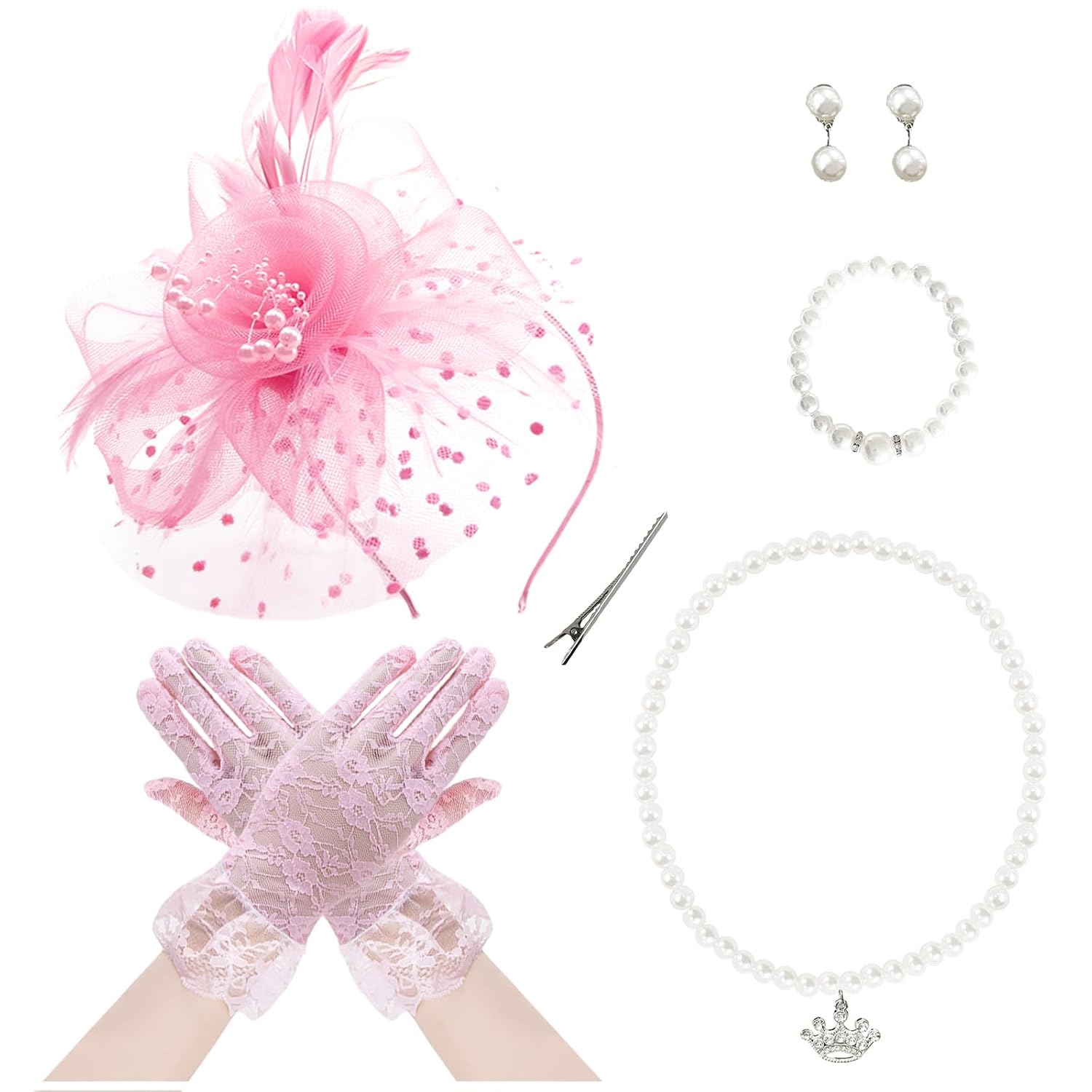 CBLUO Fascinators Hat Pearl Earrings Necklace Bracelets Lace Gloves 1920s Headband Hair Clips Flower Feather Headpiece Headwear Women Carnival Cocktail Wedding Halloween Tea Party Accessories Pink