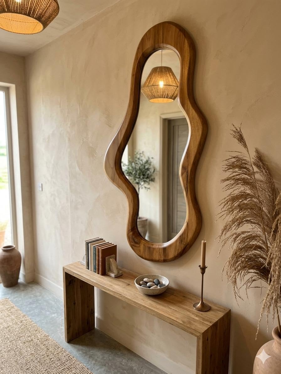 Asymmetric Wooden Wall Mirror, Wavy Organic Shape Frame, Hanging Decorative Mirror for Living Room-image-10