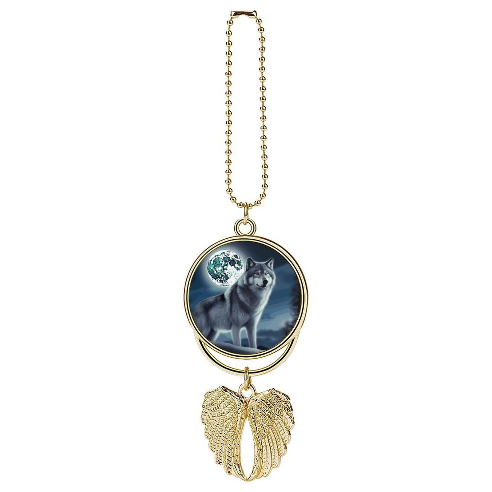 Wolf Under Moon Car Pendant Rear View Mirror Hanging Ornament Auto Metal Charm for Aesthetic Interior Decor. Lucky Car Accessories Cute Funny Hanging Decor for Car Truck