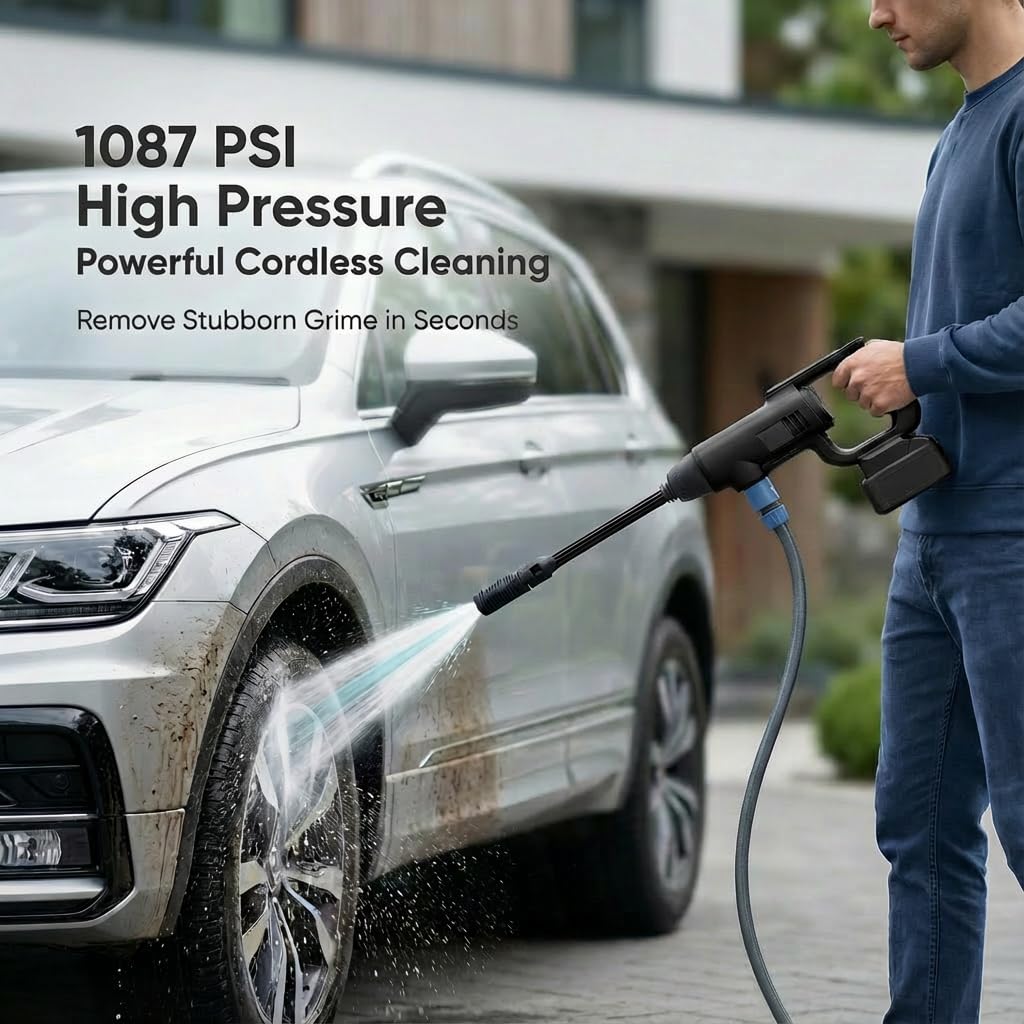 Idropulitrice a Batteria Portatile 1087PSI: Senza Filo con Batteria da 4.0Ah - Bocchetta regolabile a 3 livelli per una pulizia esterna versatile di auto/terrazze/giardini e vialetti