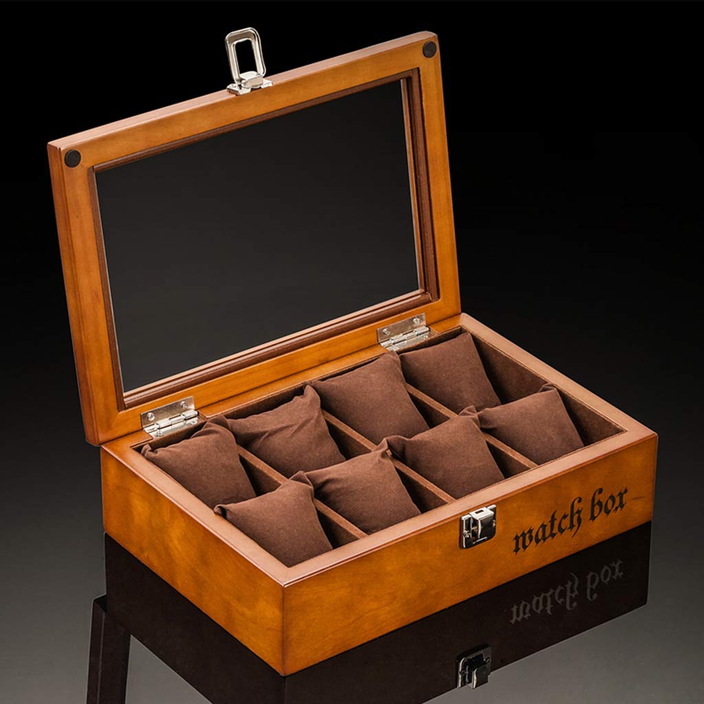 Caja de reloj de 8 rejillas con parte superior de cristal, caja de almacenamiento para exhibición de joyas, organizadores, bandejas para pulseras, cajas con cierre de Metal, 8 almohadas extraíbles
