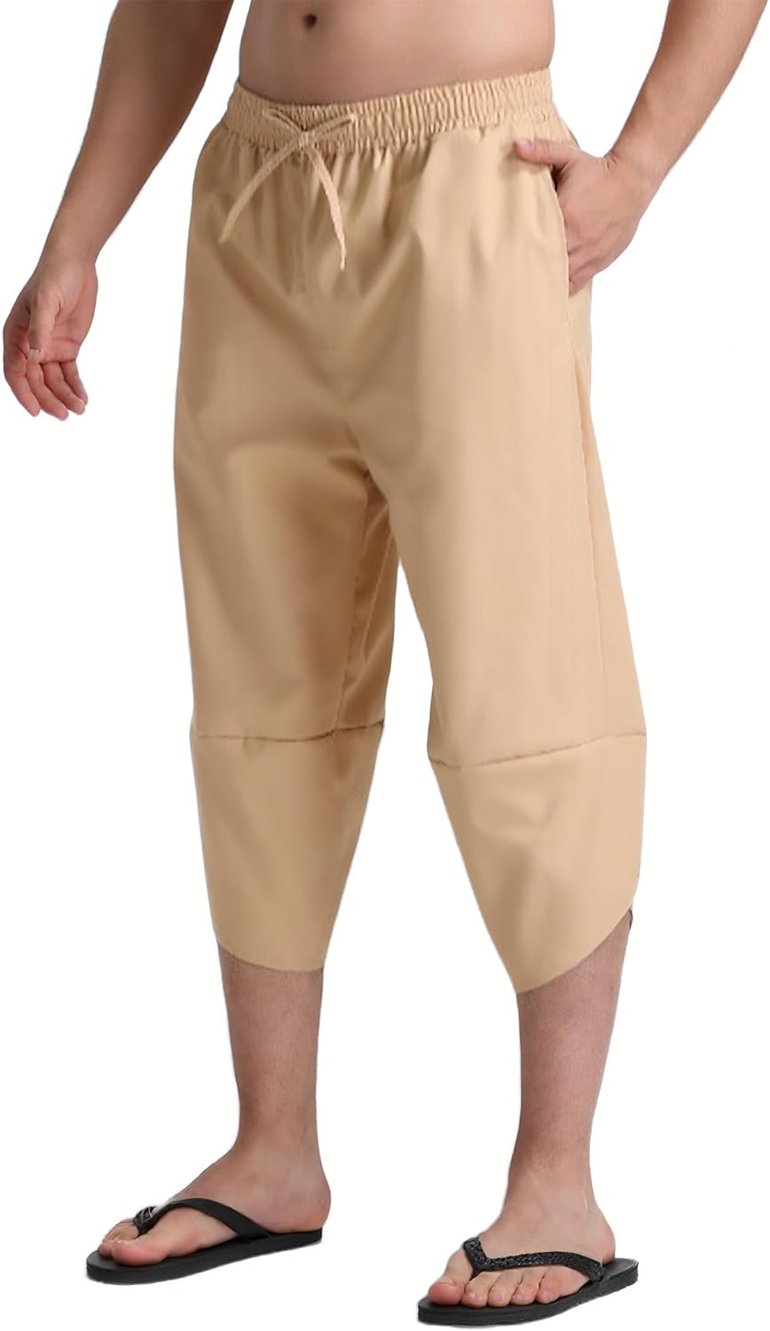Men's Linen Yoga Pants Casual Beach Loose 3/4 Harem Trousers Summer Elastic Drawstring Capri Pants