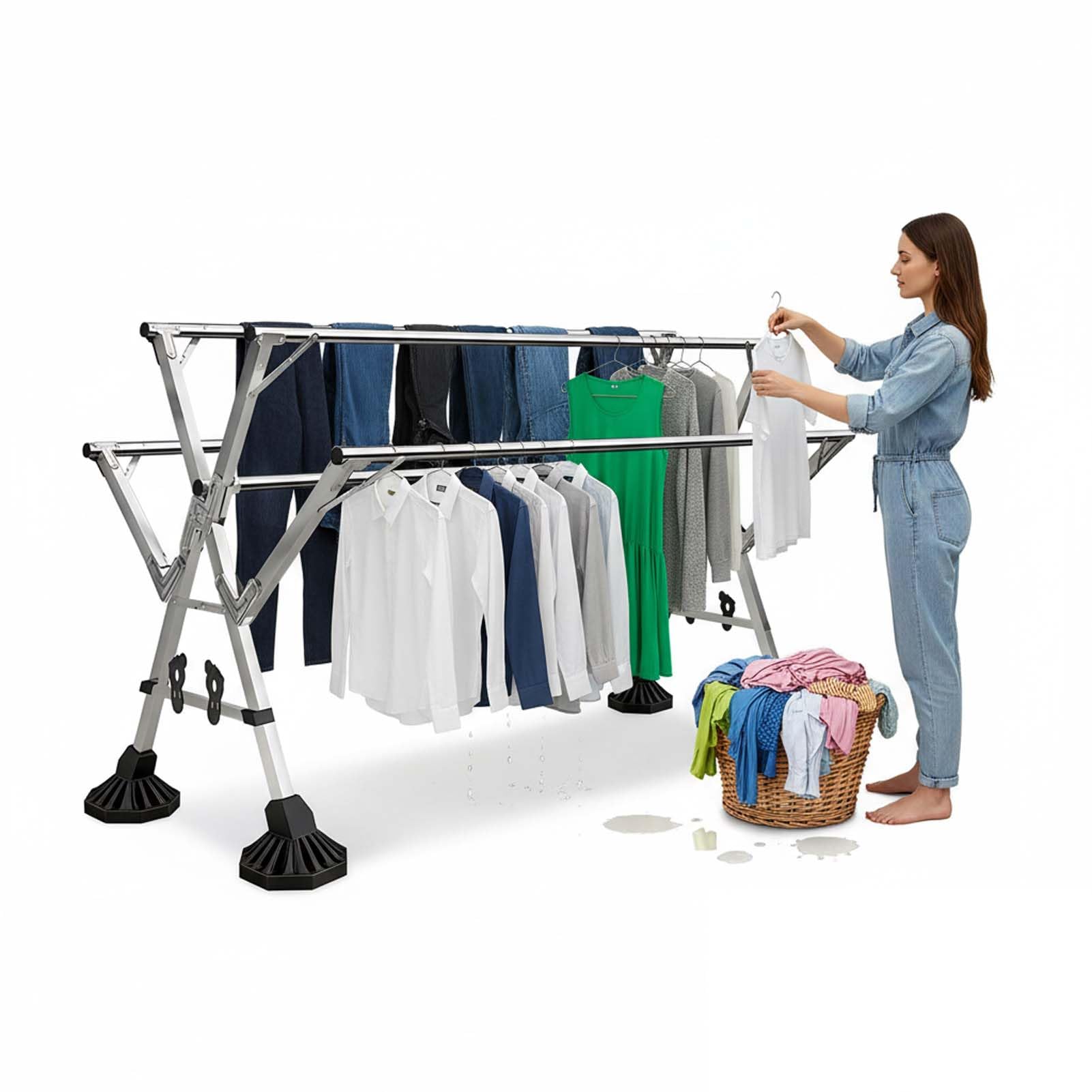 HPTHLY This Stainless Steel Laundry Drying Rack, Expandable Clothes Drying Rack, Foldable Laundry Hanger, Adjustable Length Garment Rack, Indoor & Outdoor Hanger, Space-Sav