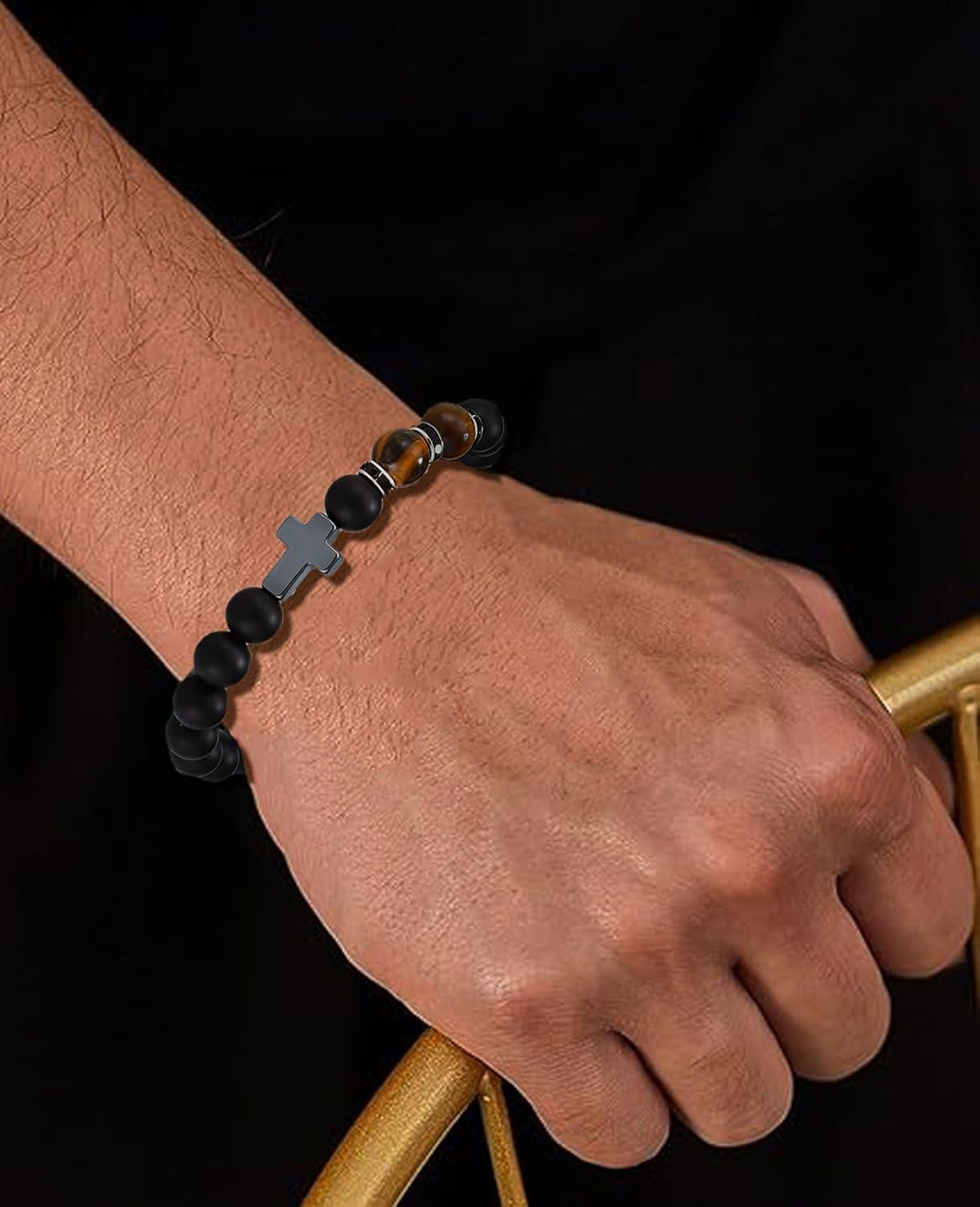 Fahonie Mens Cross Bead Bracelet, Black Onyx Beads Cross Charm Bracelet Faith Religious Christian Christmas Jewelry Gift for Men, Brothers & Sons Ideal Gift - Image 3