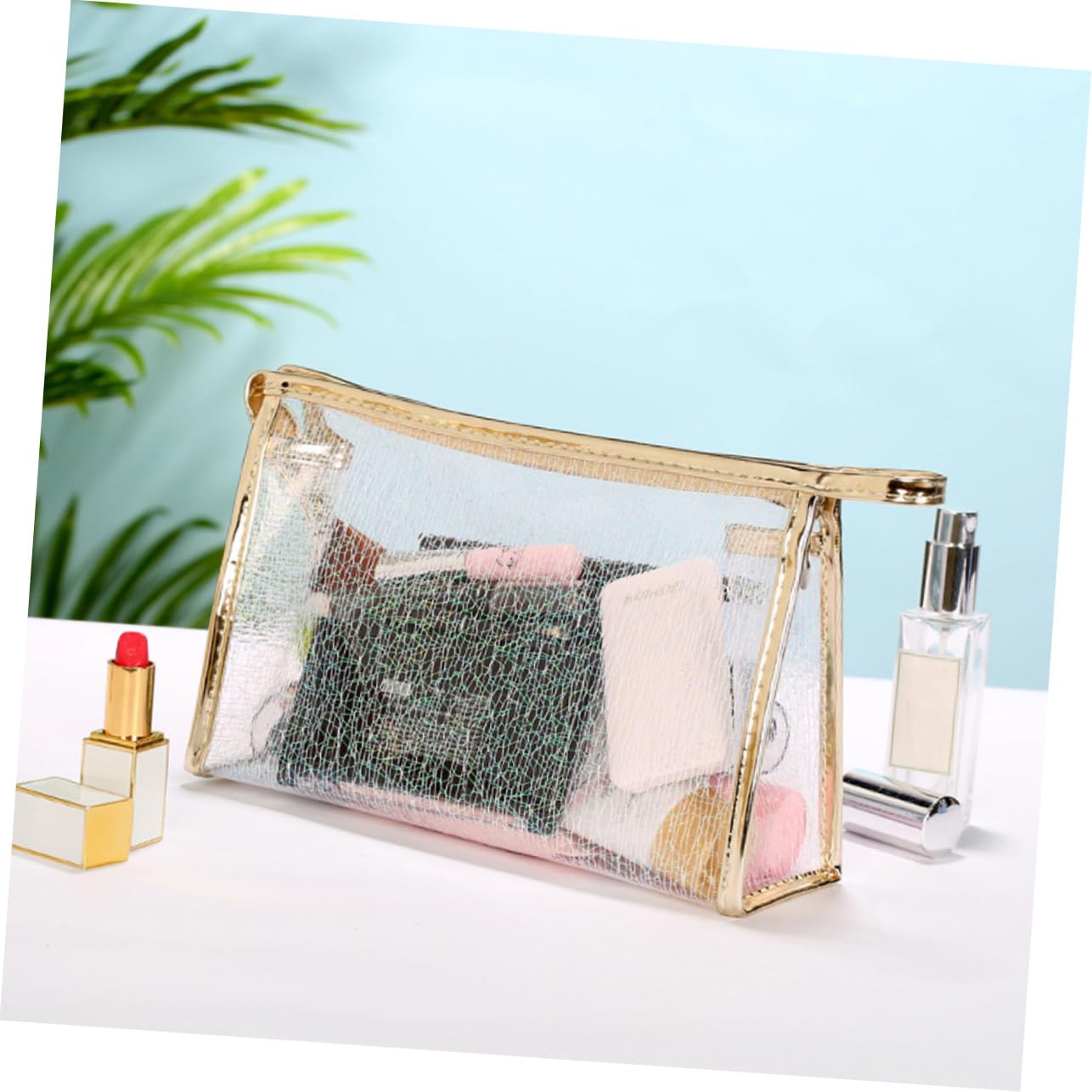 Gatuida 3 pezzi Borsa Makeup Trasparente Organizer Multifunzionale con Cerniera per Cosmetici e Toiletries Set Viaggio Tpu Jelly Bianco Oro