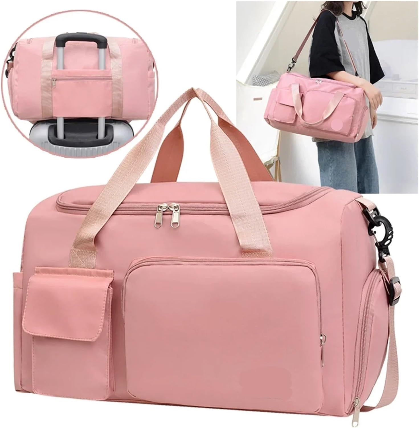 Women's Multi-Functional Travel Bag Oxford Tote With Shoe Compartment Two-Way Zipper For Gym/Outdoor Trips(Pink)