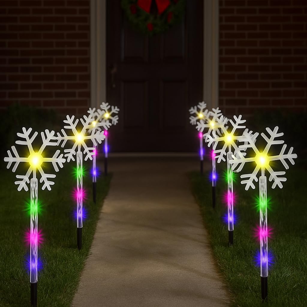 Just For Christmas Multicolor - 32 Led Pathway Lights - 8 Pack Battery Operated Pre Lit Snowflake Christmas Lights W/A Timer Function & 32 Multicolor Leds Great For Christmas Decorations & Garden Displays