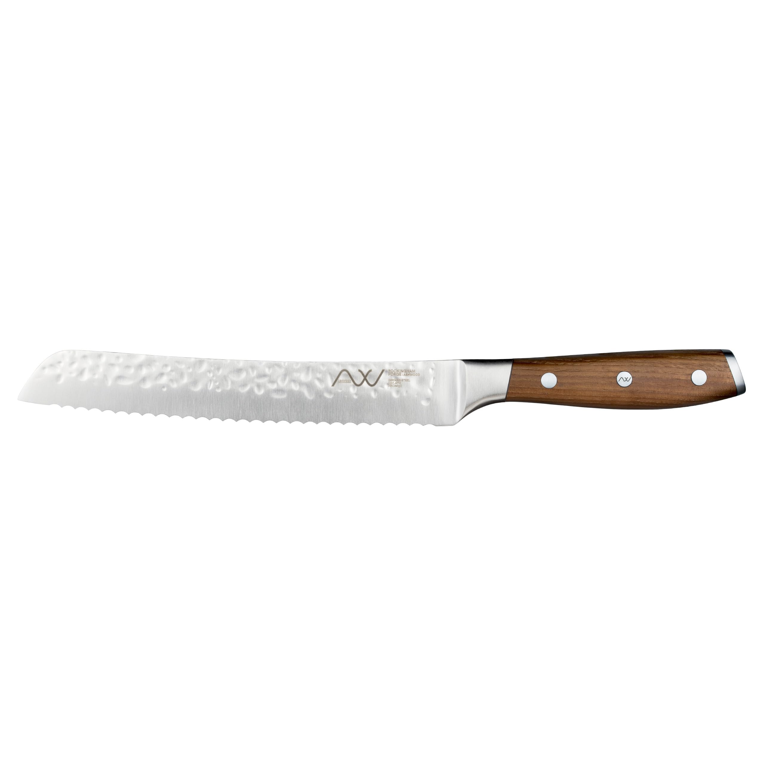 Rockingham Forge Ashwood 20cm Serrated Bread Knife - Professional Chef Kitchen Ultra Sharp German Stainless Steel Blade - Non-Stick Hammered Finish - Durable Full Tang Natural Wood Handle