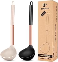 BUNDLEPRO Pack of 2 Silicone Ladle Spoons - Large Non-Stick Soup Spoons, High Heat Resistant, BPA Free Kitchen Utensils for Cooking & Serving (Rose Gold Black-Khaki)