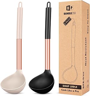 BUNDLEPRO Pack of 2 Silicone Ladle Spoons - Large Non-Stick Soup Spoons, High Heat Resistant, BPA Free Kitchen Utensils for Cooking & Serving (Rose Gold Black-Khaki)