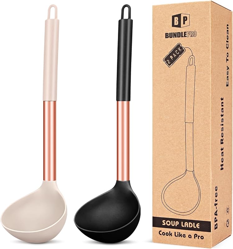 BUNDLEPRO Cucharas de silicona para cucharón, paquete de 2, oro rosa, negro y caqui | Utensilios de cocina antiadherentes, resistentes al calor, sin BPA, ideales para cocinar, revolver y servir sopas.