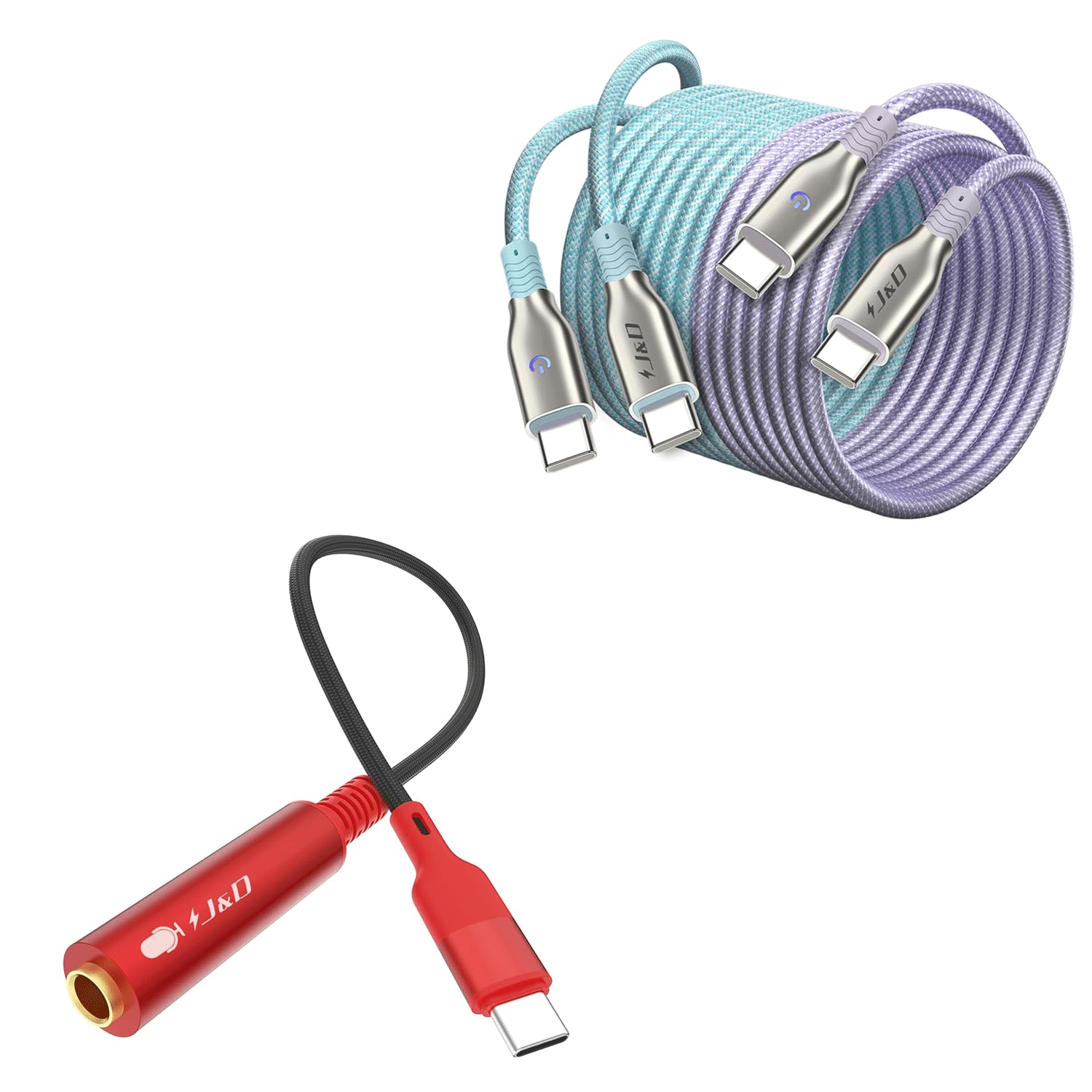 J&D Bundle-2 Items: 1 Feet USB Type C to 1/4 TS Audio Recording Adapter and 6ft USB C to C Charger Cable