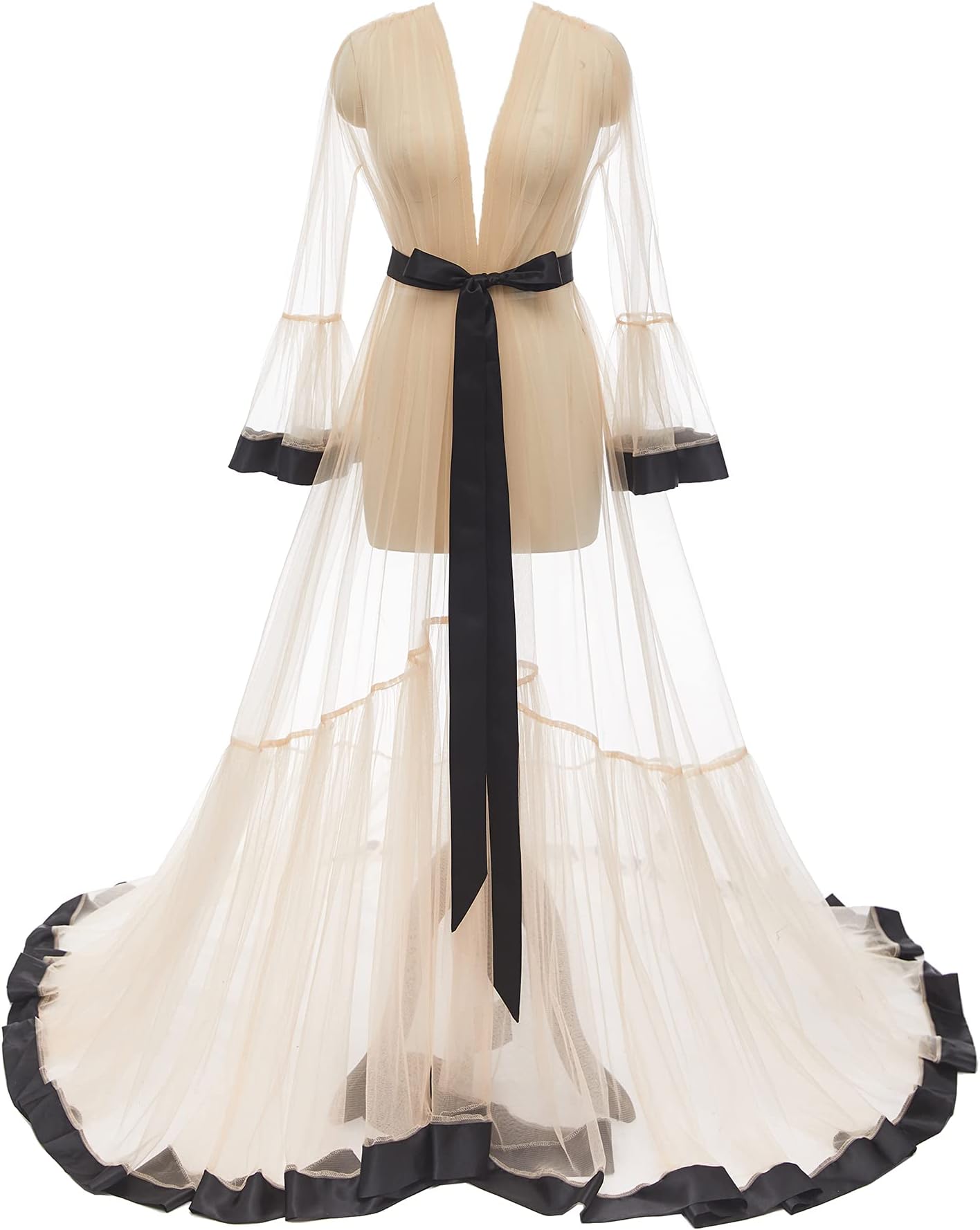 YexinbridalBridal Tulle Robe with Silk Satin Trim Sexy Nightgown Dressing Gown Illusion Lingerie Pregnancy Photoshoot