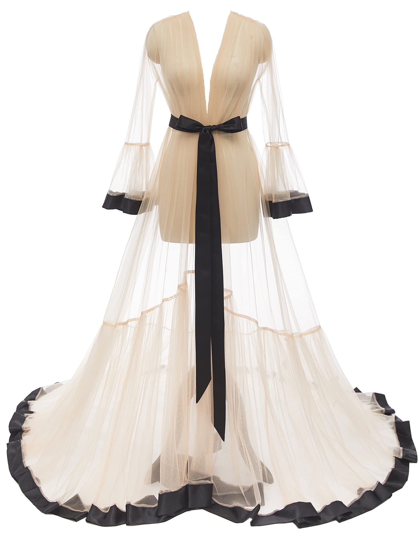 YexinbridalBridal Tulle Robe with Silk Satin Trim Sexy Nightgown Dressing Gown Illusion Lingerie Pregnancy Photoshoot