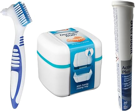 Denture Cleaning Tablets Active Plus with Denture Bath and Denture Brush Includes Denture Cleaning Tips