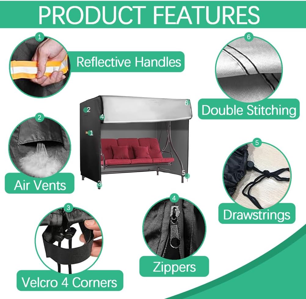Outdoor Swing Cover 600D Heavy Duty Waterproof Patio Porch Swings Covers for Patio Swing/Outdoor Furniture Porch/Glider Hammock Vents Reflective Handles Cover Only,Black,67×24×46in
