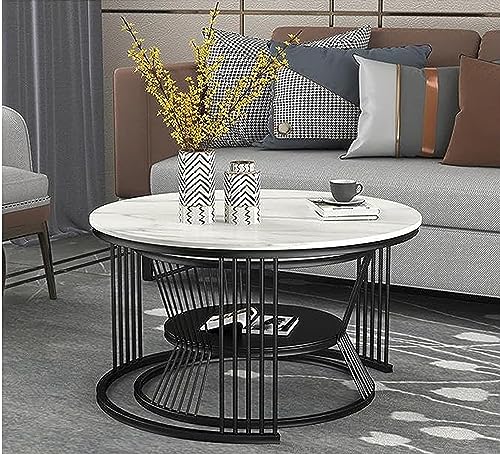 Image of Round Coffee Table, Modern Minimalist Table, Balcony Coffee Table Side Table Combination, Marble Small Round Table and Rock Board Small (3T-2)