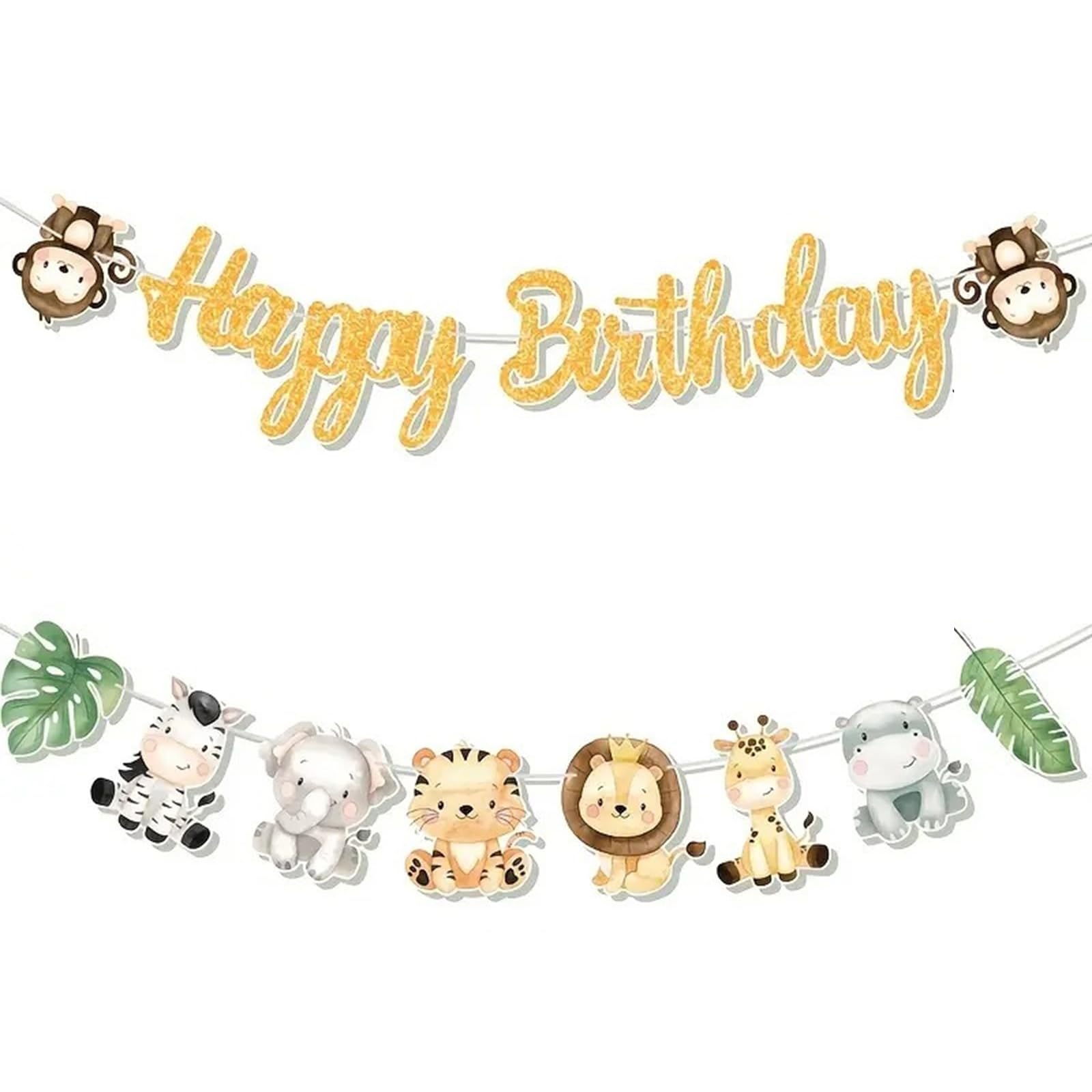 2 Pcs Jungle Birthday Party Decoration, Animal Jungle Happy Birthday Banner