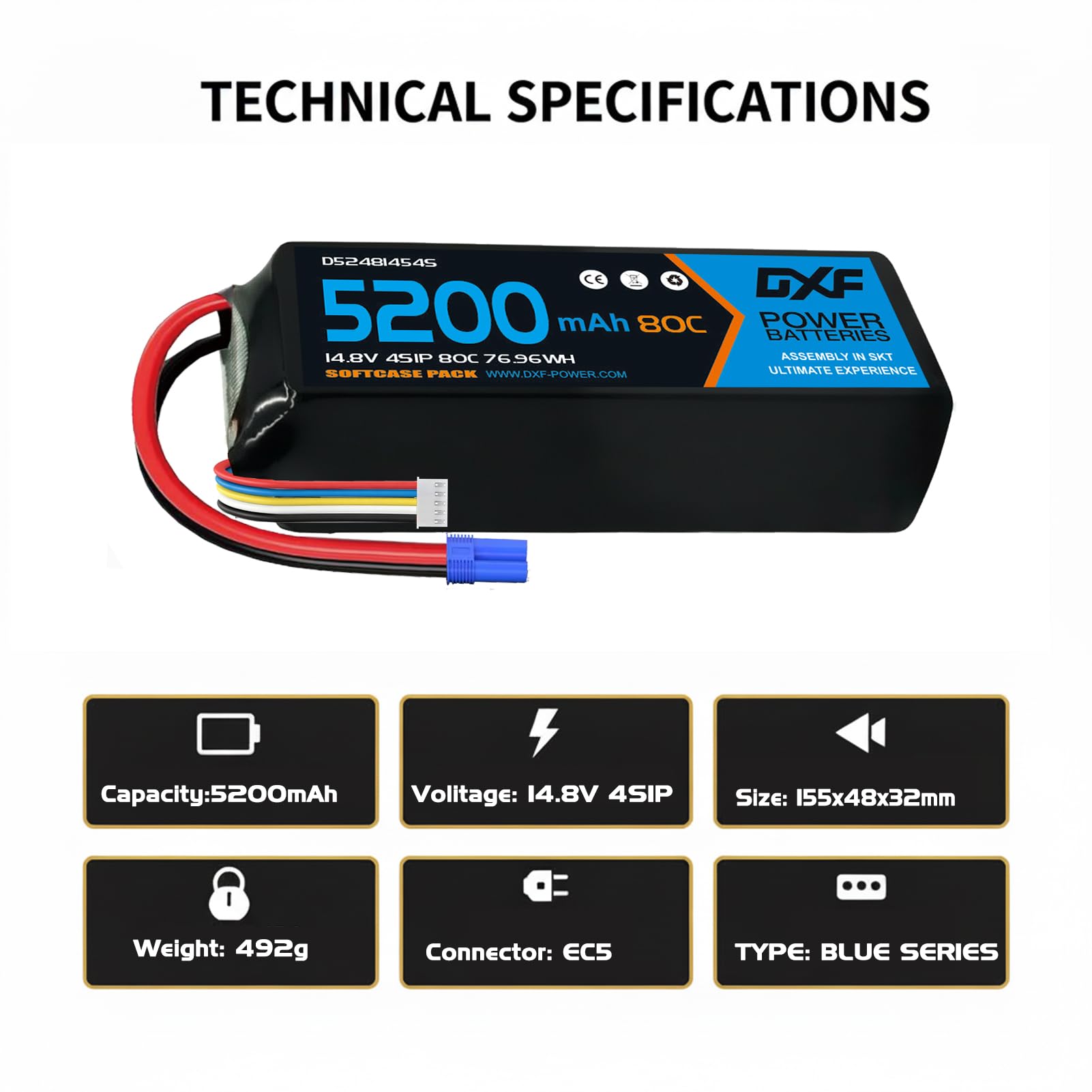 DXF Batteria LiPo 4S 14.8V 5200mAh 80C Custodia Morbida Spina EC5 Compatibile Auto RC 1/8 1/10 Veicoli Elettrici Leggera Alta Capacità Lunga Durata 2 Pezzi
