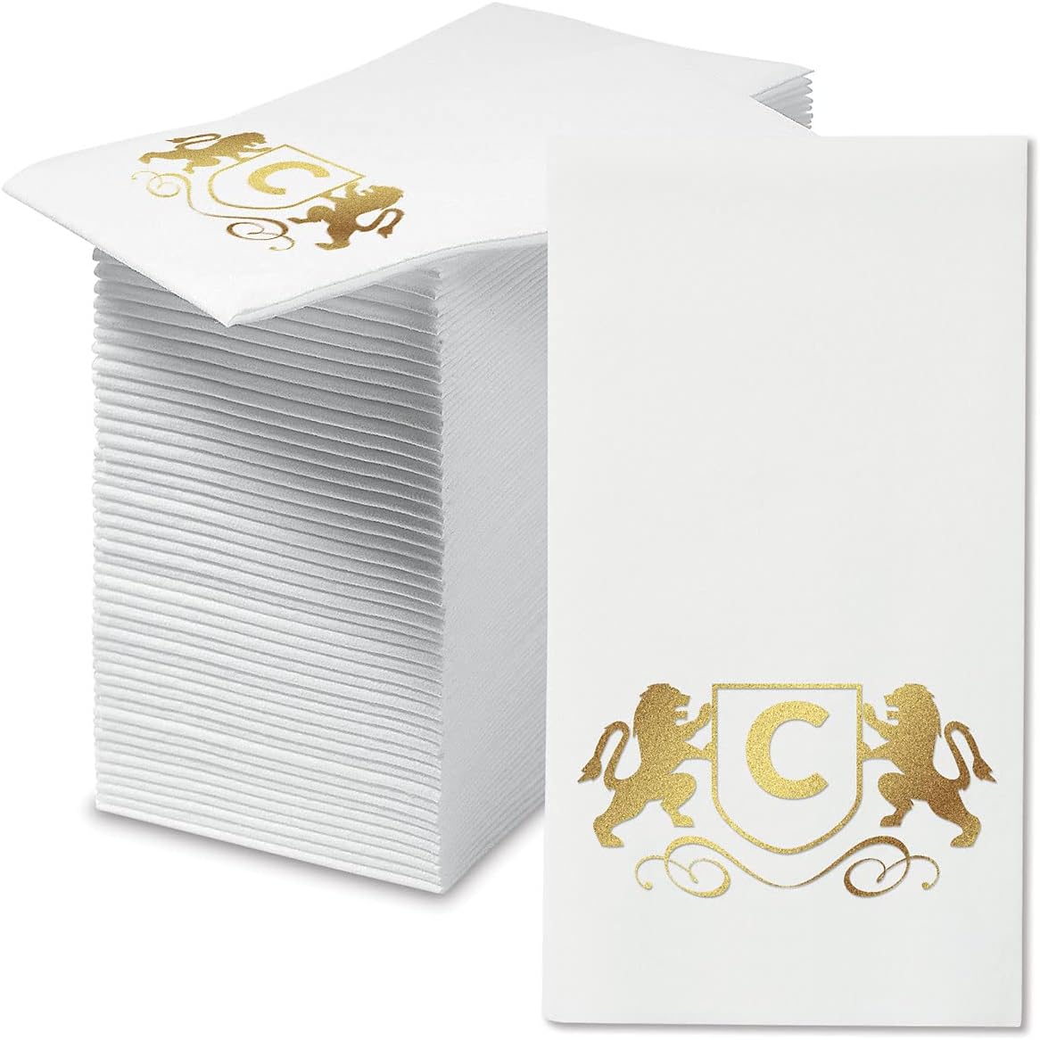 Lillian Vernon Lion Personalized Monogram Guest Towels - 5 Foil Initial Color Options, Linen Feel Disposable Set for Bathroom, Wedding, & Party - Pack of 100, 13"x17" Open, 4.5"x8.5" Folded