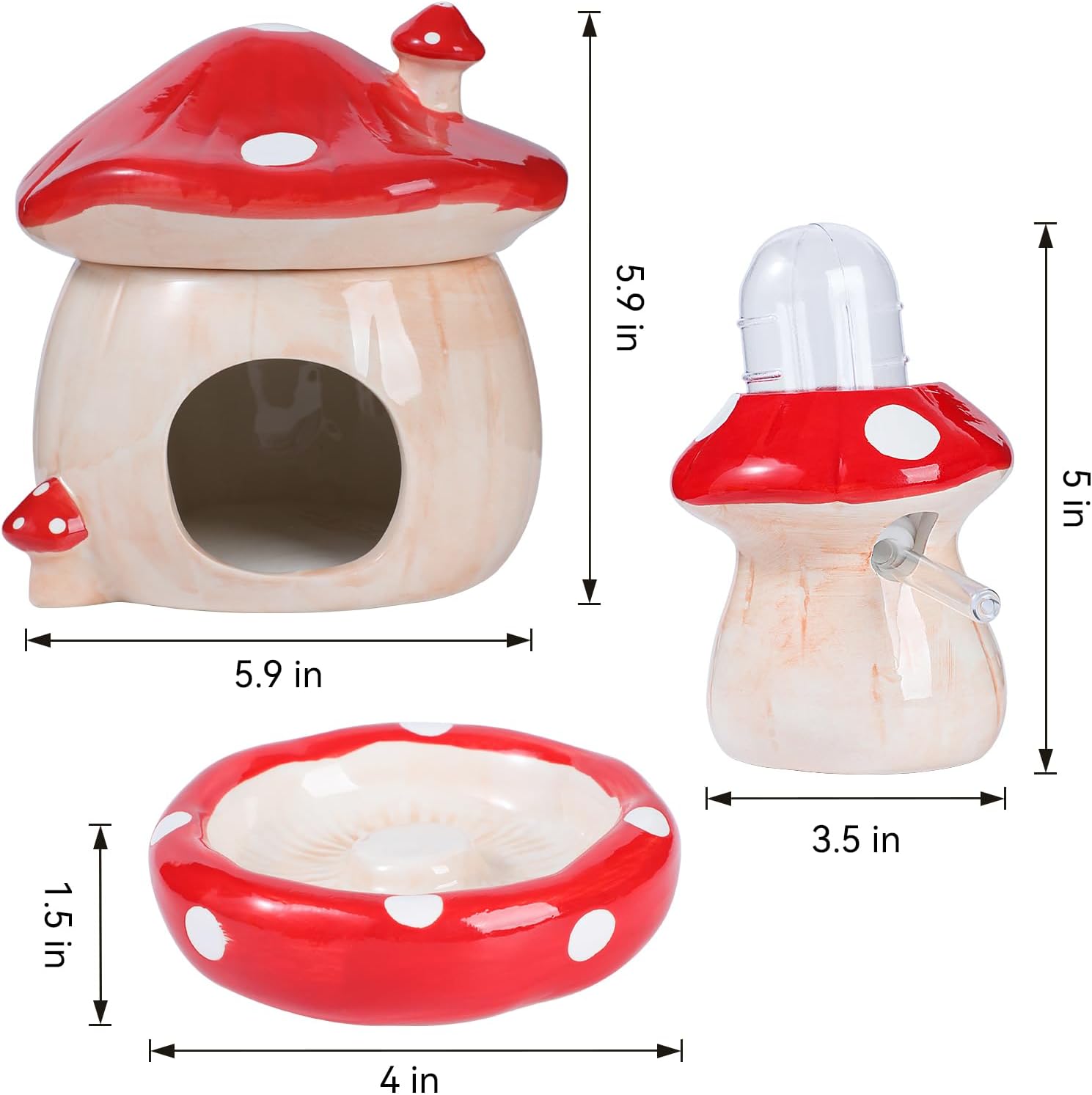 Ceramic Hamster Hideout, Hamster Water Bottle Holder and Food Bowl, Red Ceramic Mushroom House Design– Complete Cage Accessories for Small Animal cage Decorations