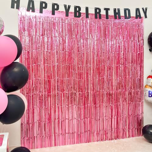 Image of 4 Pack Pink Foil Fringe Curtains, 13.2x6.6ft Streamers Backdrop, Tinsel Curtain for Birthday, Graduation, Christmas, Bachelorette, Wedding, Valentine, Gender Reveal| Pink Streamers Party Decorations