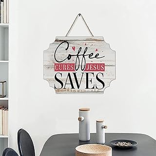Inspirational Quotes Wood Sign Bible Verse Christian Saying Coffee Cures Jesus Saves Shabby Wall Hanging Wooden Plaque for Porch Living Room Farmhouse Kitchen Coffee Bar Home Decor 8x10in