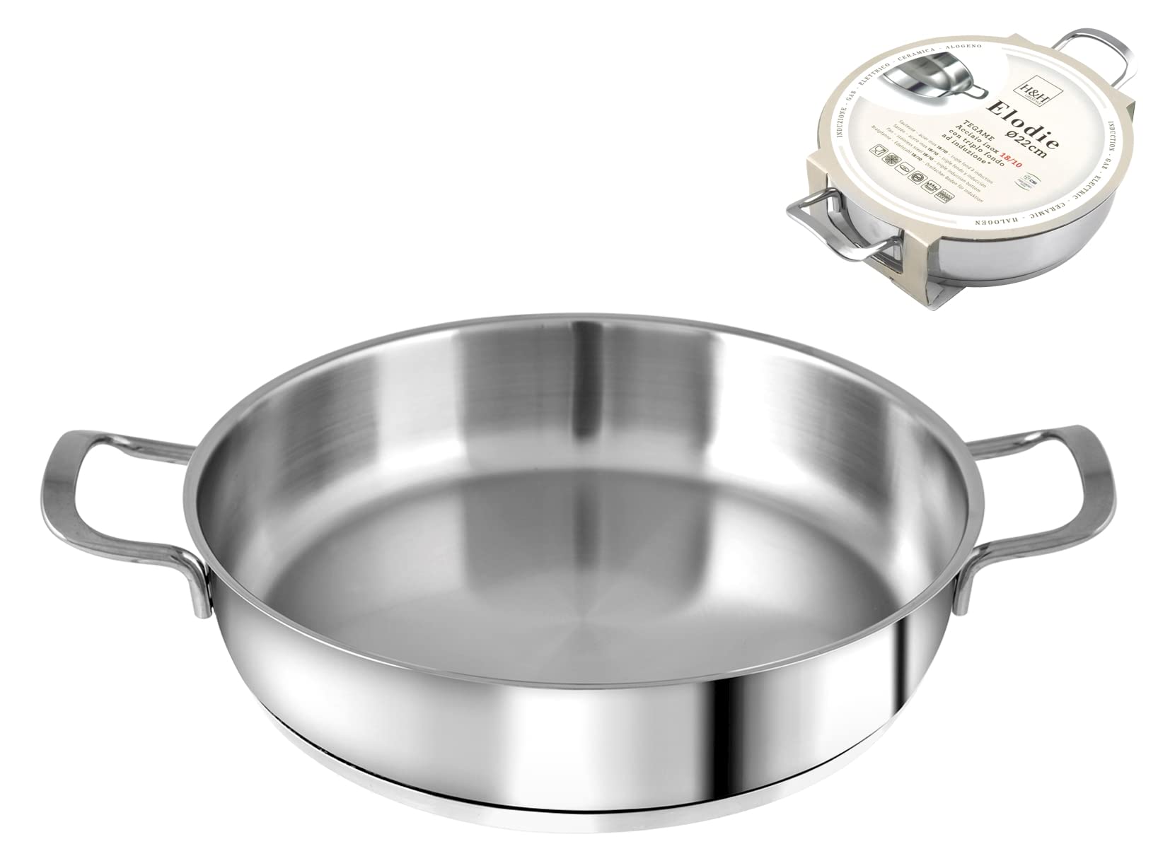 H&H Tegame Inox Elodie F/Ind Due Manici 22 Lt1,5 Pentole E Preparazione Cucina, Acciaio Inossidabile, Argento, 22 cm