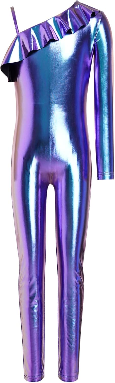 Linjinx Kids Girls Shiny Metallic Unitard Ruffle One Shoulder Full Body One Piece Bodysuit Jumpsuit Performance Dancewear